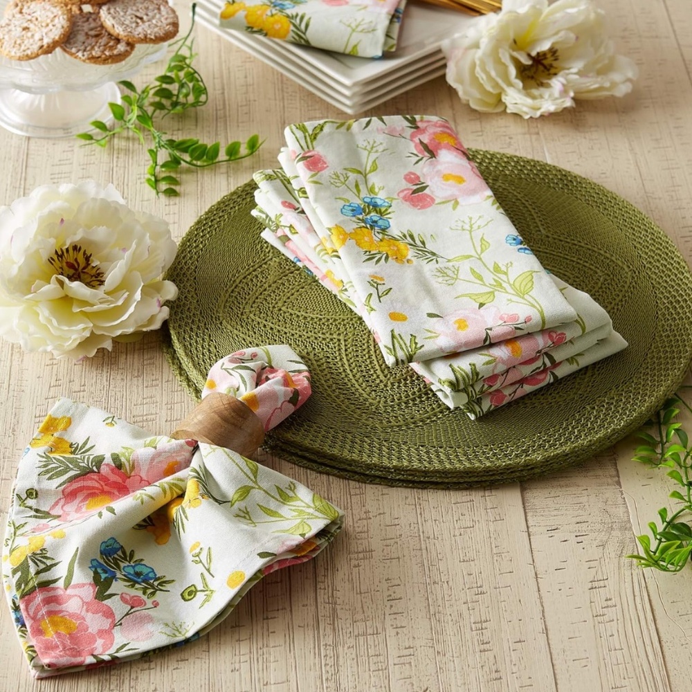 Pink and Green Spring Bouquet Printed Square Napkin, 20 - All, Set of 6